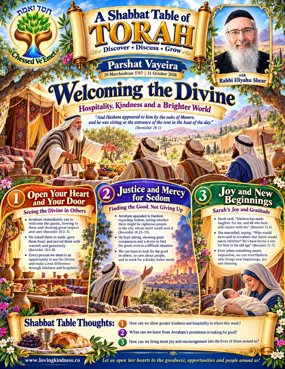 Illustrated cover of A Shabbat Table of Torah — Parshat Vayeira, 31 October 2026